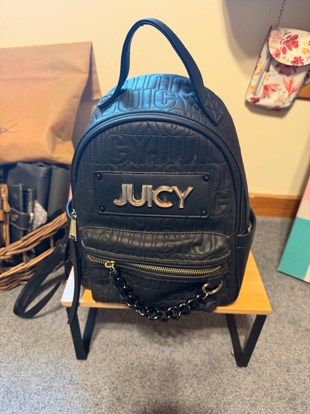 Juicy Couture Black Quilted Mini Backpack with Chain Accent